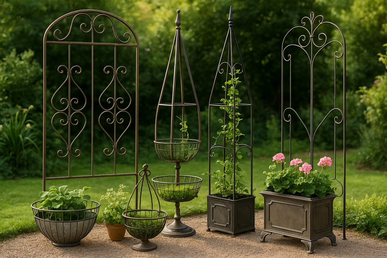 Metal structures and baskets for the garden