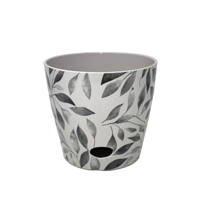 7" Gray Leaves Round Self-Watering Bamboo Pot