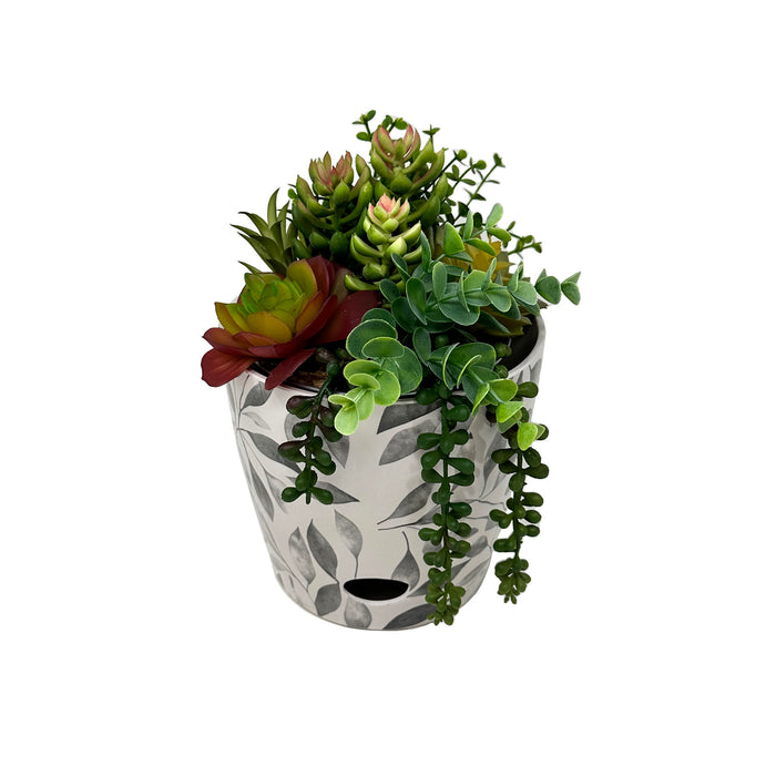 7" Gray Leaves Round Self-Watering Bamboo Pot