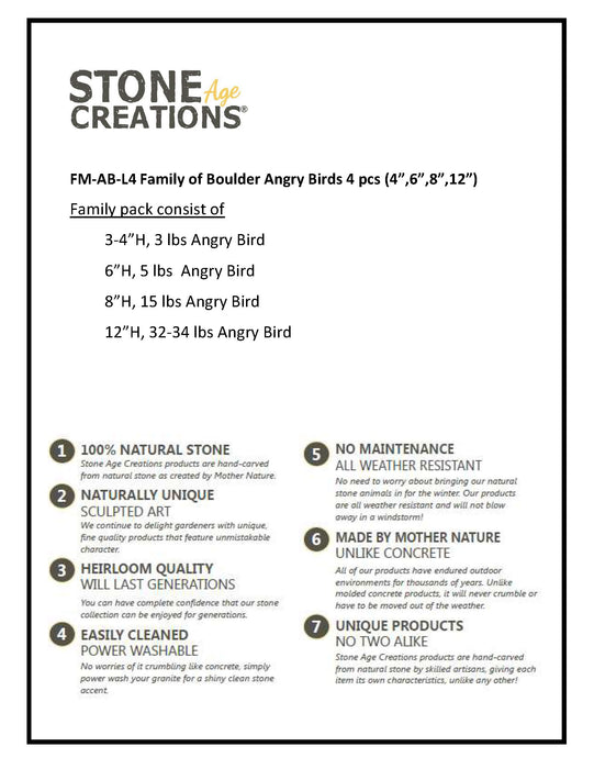 Family of Boulder Angry Birds 4 Pcs 4"6"8"12"