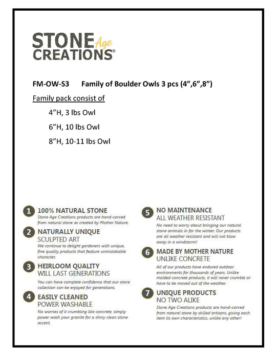 Family of Boulder Owls 3 Pcs 4" 6" 8"