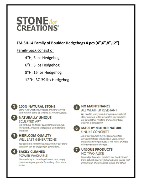 Family of Boulder Standing Hedgehogs 4 Pcs 4"6"8"12"