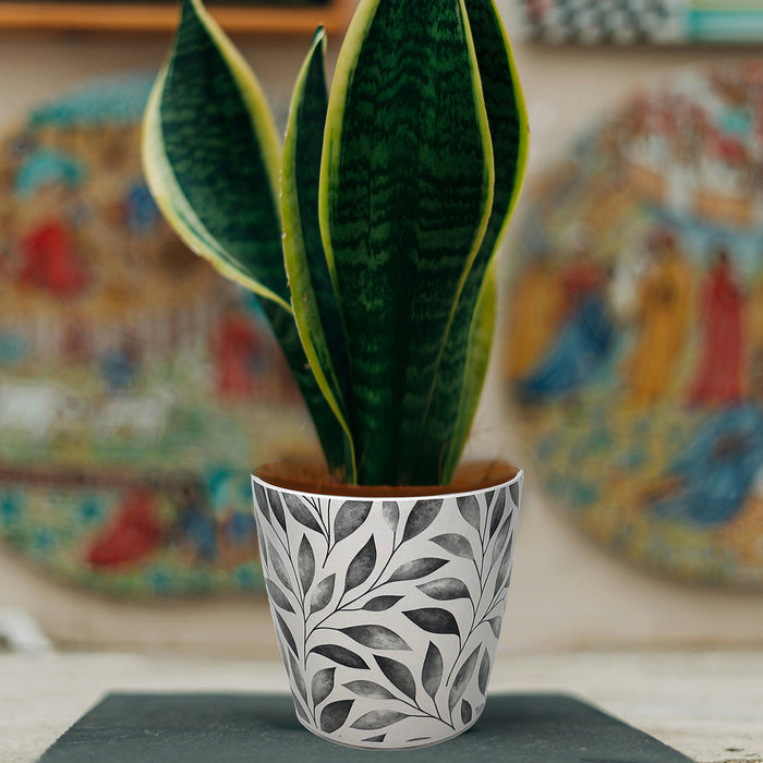 7" Gray Leaves Round Self-Watering Bamboo Pot