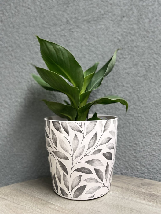 7" Gray Leaves Round Self-Watering Bamboo Pot