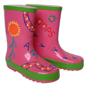 Little Pals Paint Your Own Wellies Rain Boots Pink with Green Trim Kids US Size 9.5