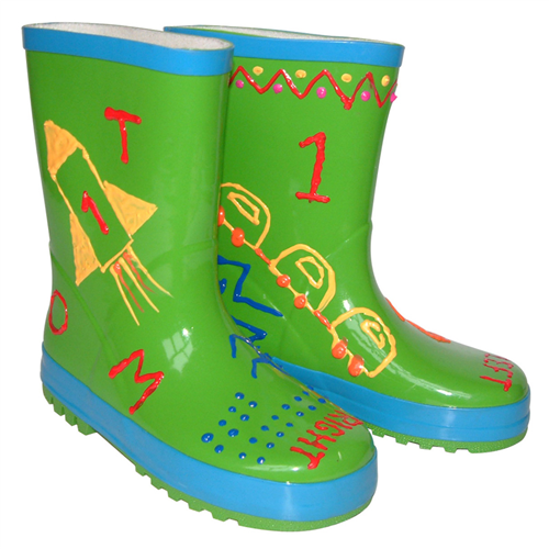 Little Pals Paint Your Own Wellies Rain Boots Green with Blue Trim Kids US Size 11.5
