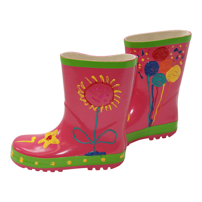 Little Pals Paint Your Own Wellies Rain Boots Pink with Green Trim Kids US Size 11.5
