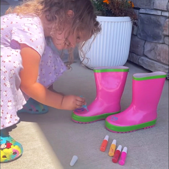 Little Pals Paint Your Own Wellies Rain Boots Pink with Green Trim Kids US Size 9.5