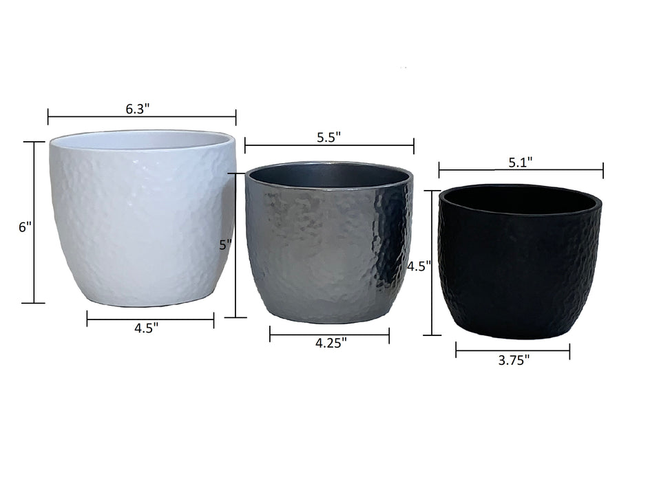 6.3" White 5.5" Silver 5.1" Anthracite 3 Piece Set of Ceramic Boston Pots