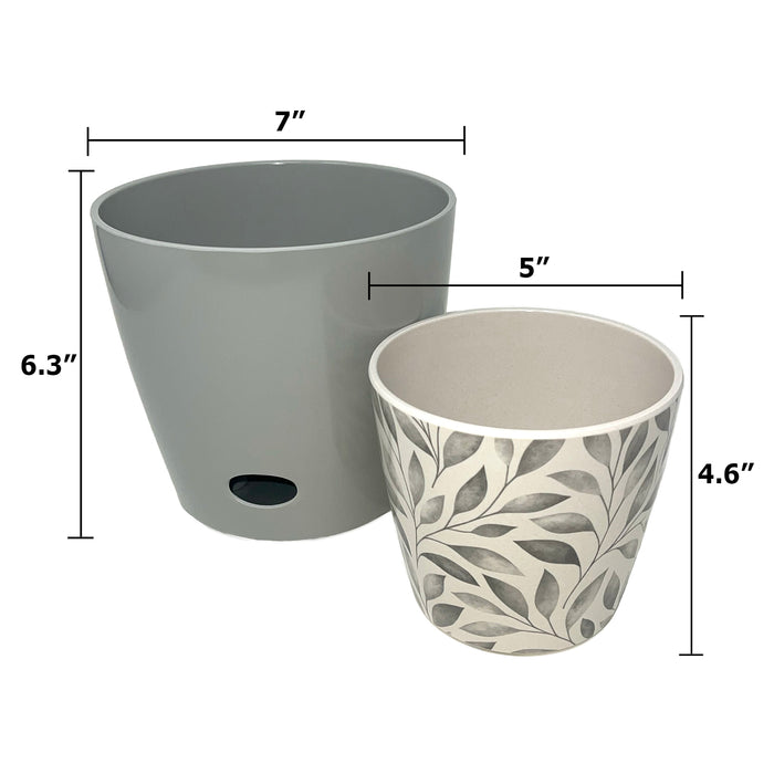 Self-Watering Plant Pot Set of 2 5" Gray Leaves & 7" Gray Solid
