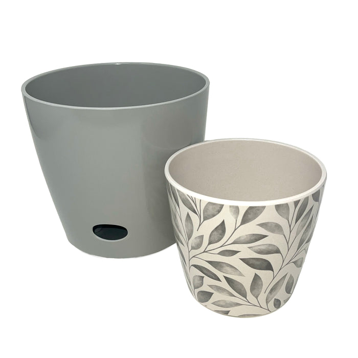Self-Watering Plant Pot Set of 2 5" Gray Leaves & 7" Gray Solid