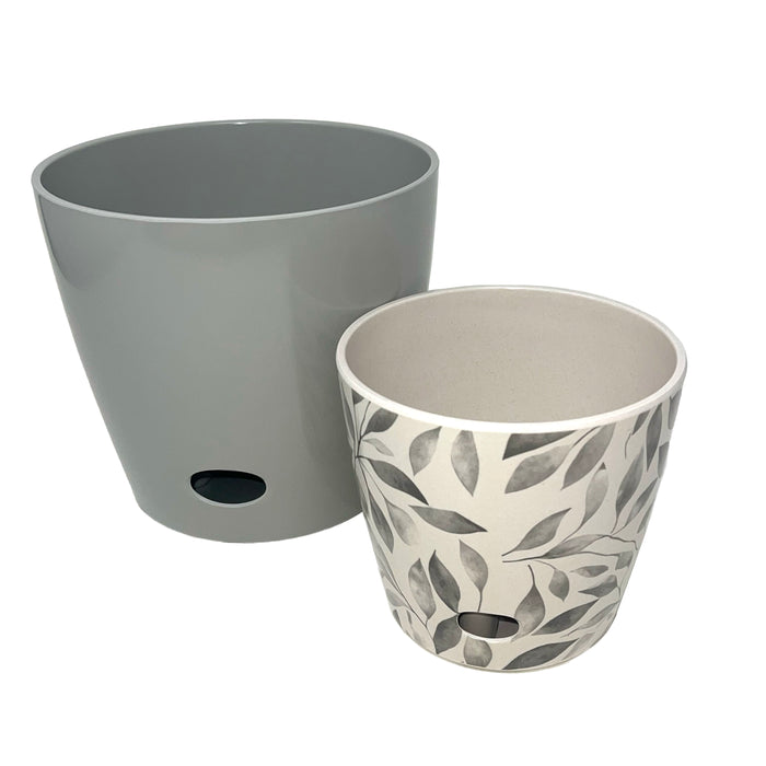 Self-Watering Plant Pot Set of 2 5" Gray Leaves & 7" Gray Solid