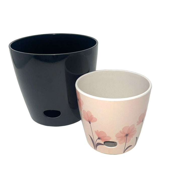 Self-Watering Plant Pot Set of 2 5" Pink Flower & 7" Black Solid
