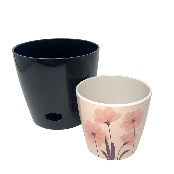 Self-Watering Plant Pot Set of 2 5" Pink Flower & 7" Black Solid