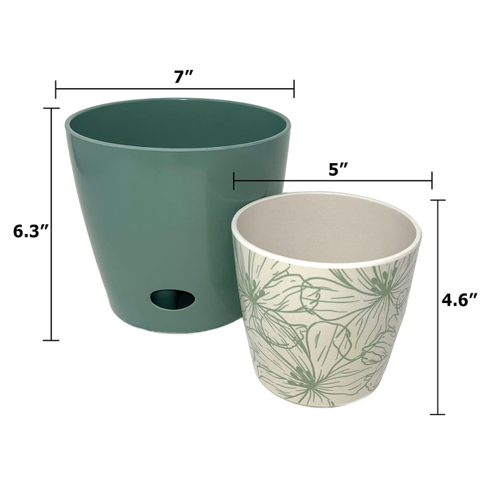 Self-Watering Plant Pot Set of 2 5" Green Flower & 7" Sage Green