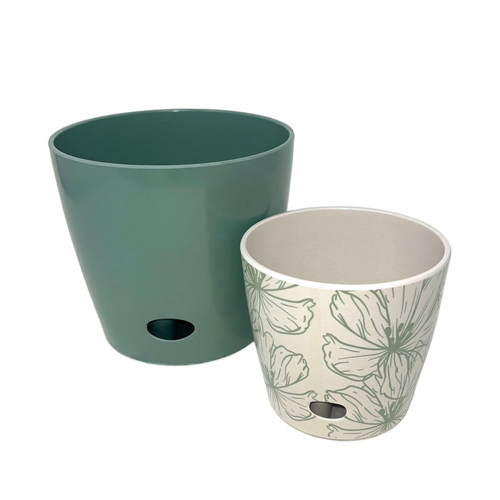 Self-Watering Plant Pot Set of 2 5" Green Flower & 7" Sage Green