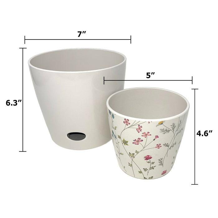 Self-Watering Plant Pot Set of 2 5" Wildflower & 7" Cream