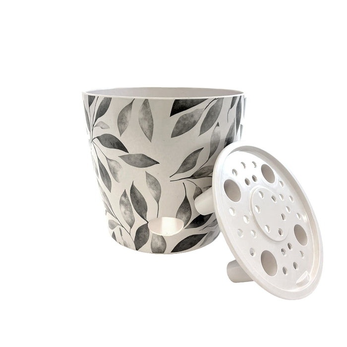 5" Gray Leaves Round Self-Watering Bamboo Pot