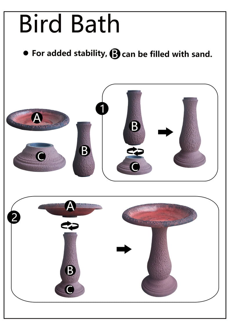 24" Red/Charcoal Fiber Clay Birdbath