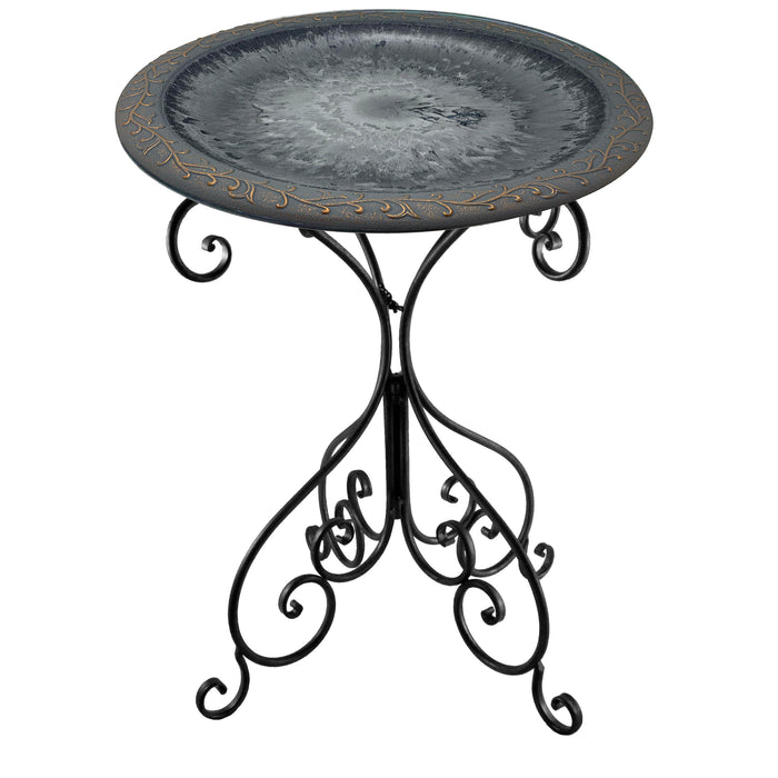 28" Dove Gray Fiber Clay Birdbath on Black Metal Base