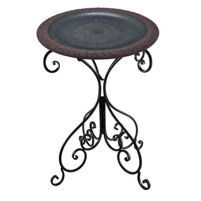 28" Slate/Wine Fiber Clay Birdbath on Black Metal Base