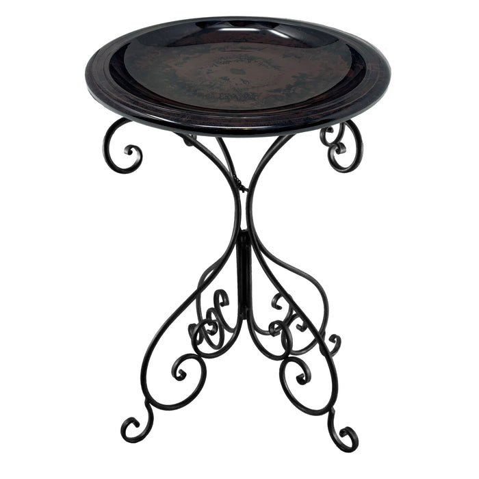 28" Antique Brown Fiber Clay Birdbath on Black Metal Base