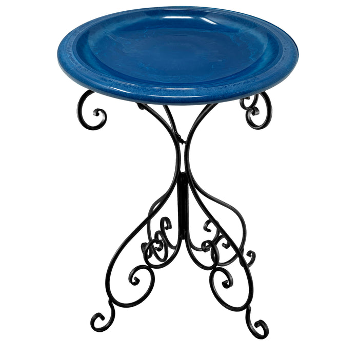 28" Azure Fiber Clay Birdbath on Black Metal Base