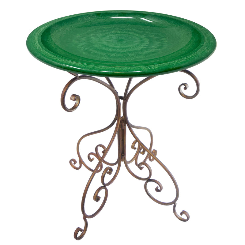 28" Kale Green Fiber Clay Birdbath on Antique Bronze Metal Base