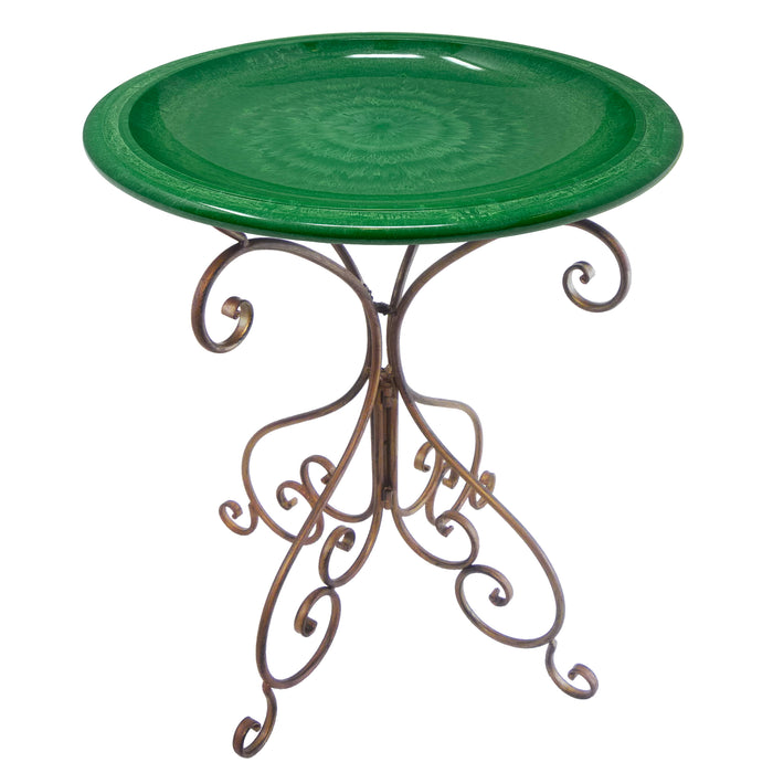 28" Kale Green Fiber Clay Birdbath on Antique Bronze Metal Base