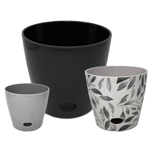 mainstays self watering planter Self-Watering Plant Pot Set of 3 5" Gray 7" Gray Leaves 10" Black