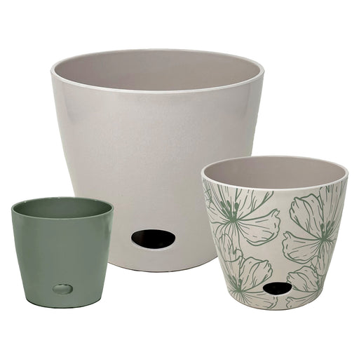 3.5 plant pot Self-Watering Plant Pot Set of 3 5" Sage Green 7" Green Flower 10" Cream