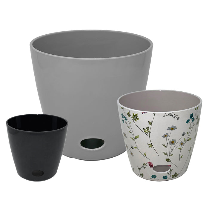 Self-Watering Plant Pot Set of 3 5" Black 7" Wildflower 10" Gray