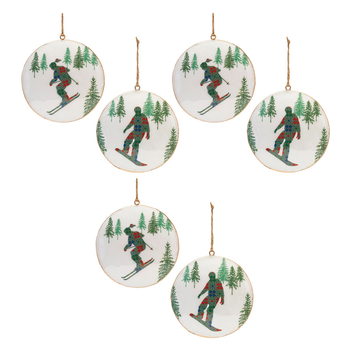 Metal Snowboard Forest Disc Ornament (Set of 6)