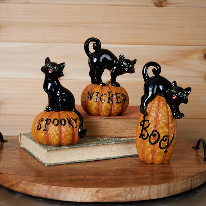 Black Cat on Pumpkin Figurine (Set of 3)