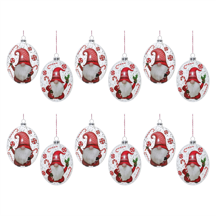 Glass Peppermint Gnome Disc Ornament (Set of 12)