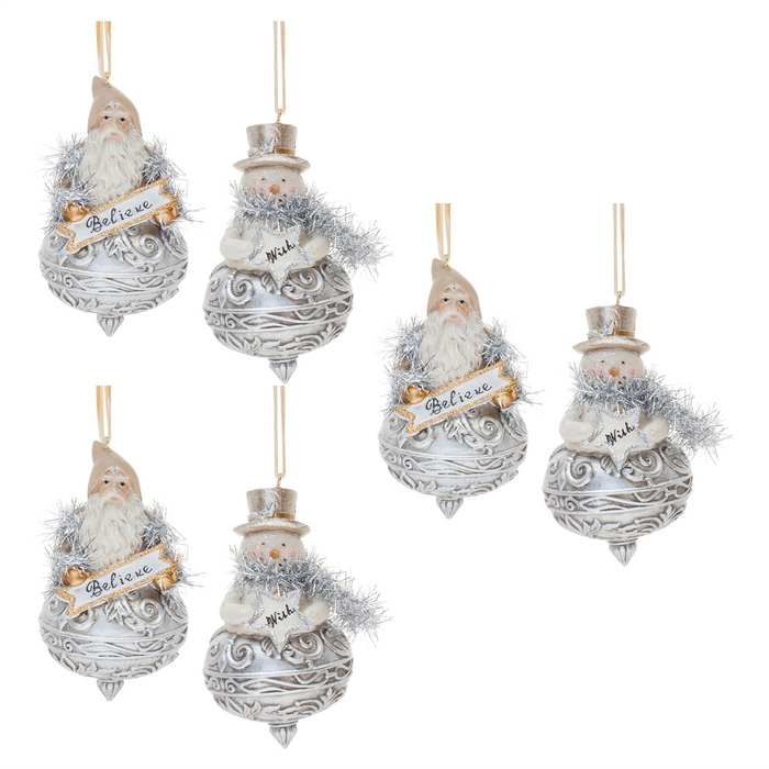 Ornate Santa and Snowman Finial Ornament (Set of 6)