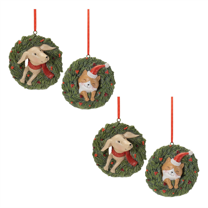 Playful Cat and Dog in Pine Wreath Ornament (Set of 4)