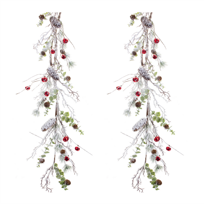 Snowy Flocked Twig Pine Garland with Sleigh Bells (Set of 2)