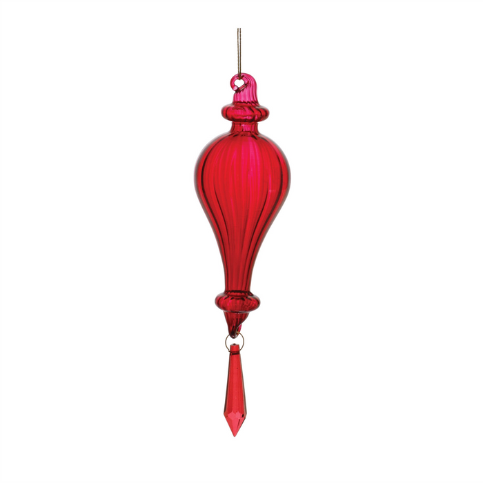 Red Ribbed Glass Drop Ornament with Jewel (Set of 3)