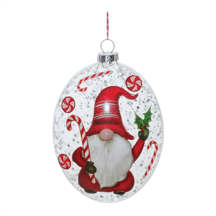 Glass Peppermint Gnome Disc Ornament (Set of 12)
