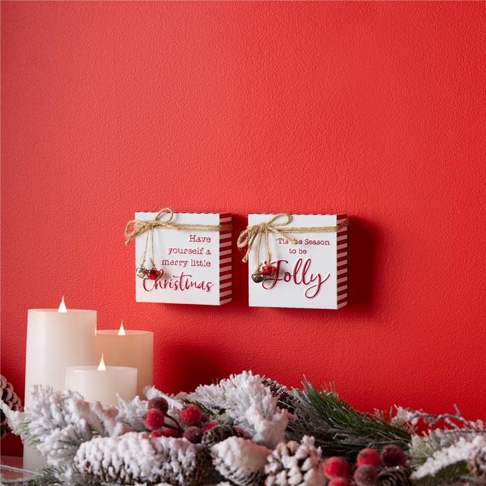 Merry Christmas and Jolly Sign (Set of 2) 4”SQ Metal