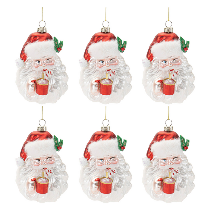 Santa w/Cocoa Ornament (Set of 6) 5”H Glass