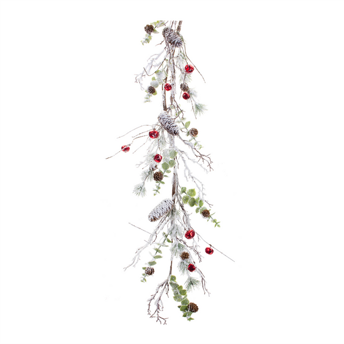 Snowy Flocked Twig Pine Garland with Sleigh Bells (Set of 2)