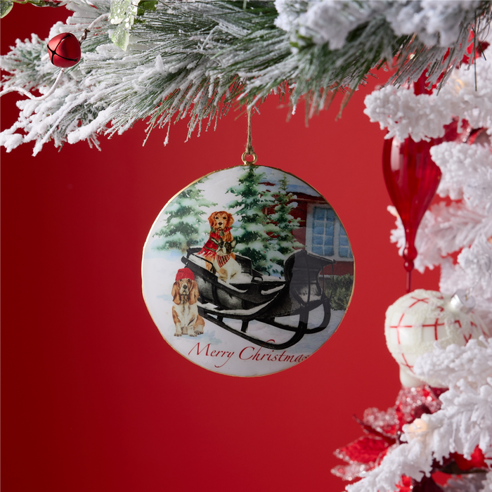 Dog and Sleigh Disc Ornament (Set of 6) 6”H Iron