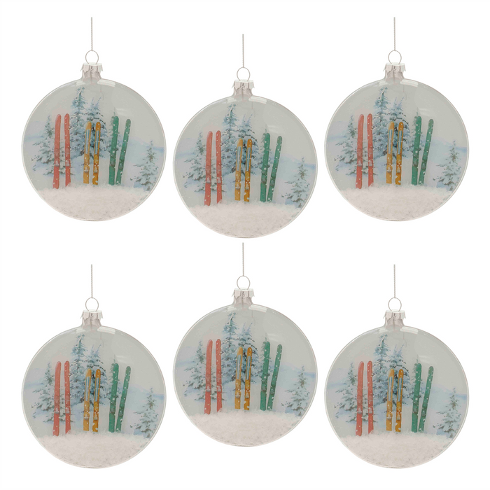 Glass Ski and Snow Disc Ornament (Set of 6)