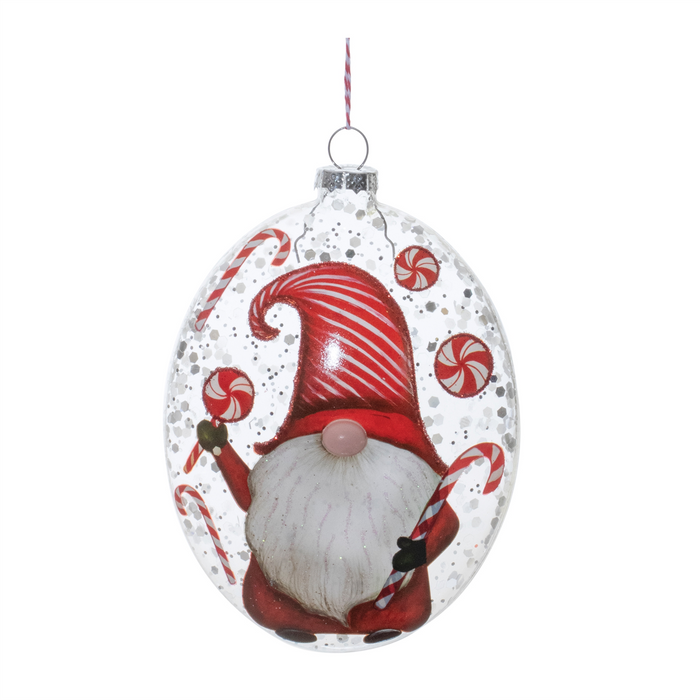 Glass Peppermint Gnome Disc Ornament (Set of 12)