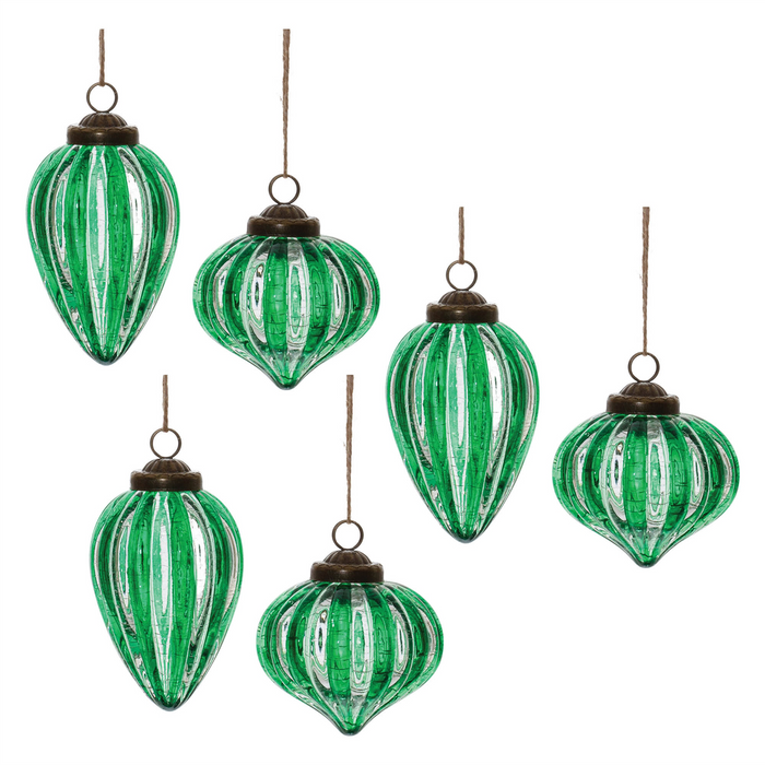 Green Ribbed Crackle Glass Ornament (Set of 6)