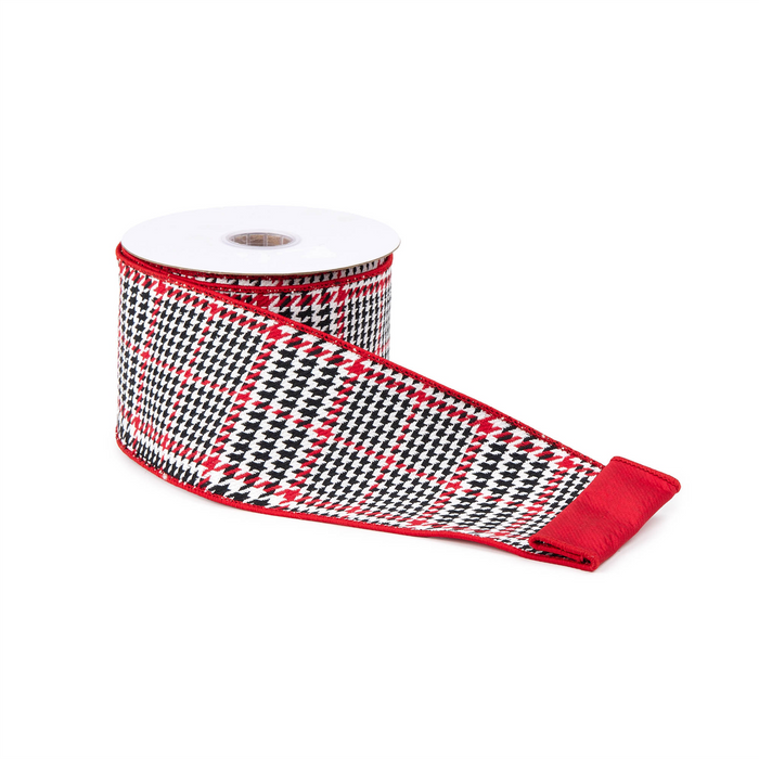 Red and Black Houndstooth Plaid Wired Ribbon 4" x 10yds
