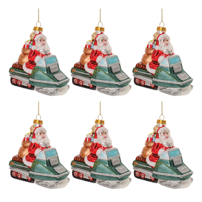 Glass Snowmobile Santa Ornament (Set of 6)