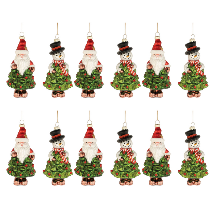 Santa and Snowman Tree Ornament (Set of 12) 5.5"H, 6"H Glass